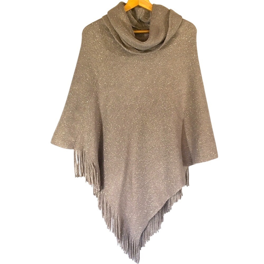 Chico's Metallic Shimmer‎ Fringe Cowl Neck Poncho OS Taupe Gold